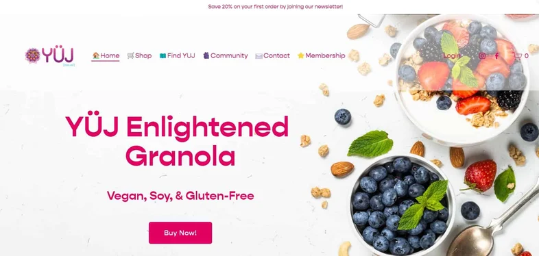 YUJ Granola website, screenshot 1