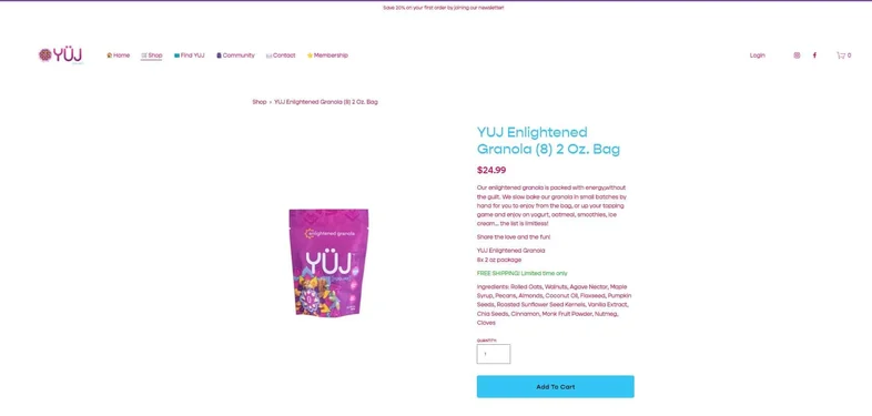 YUJ Granola website, screenshot 2