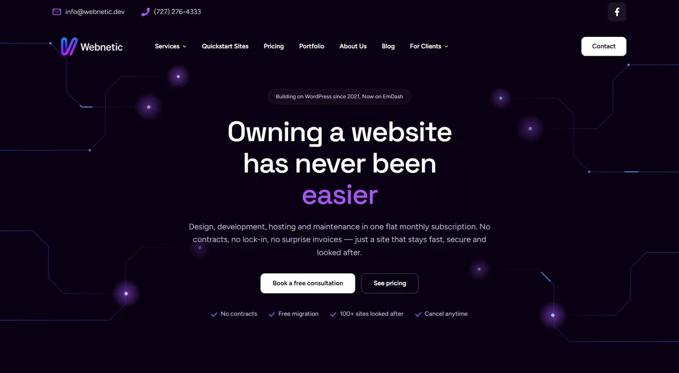 The Webnetic homepage after the move to EmDash, with the headline 'Owning a website has never been easier' and a badge reading 'Building on WordPress since 2021, Now on EmDash'.