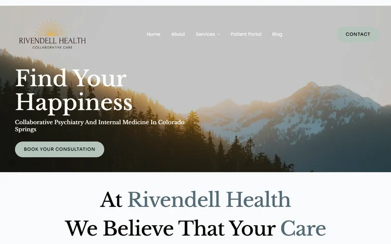 Rivendell Health homepage with a mountain sunrise behind the headline Find Your Happiness