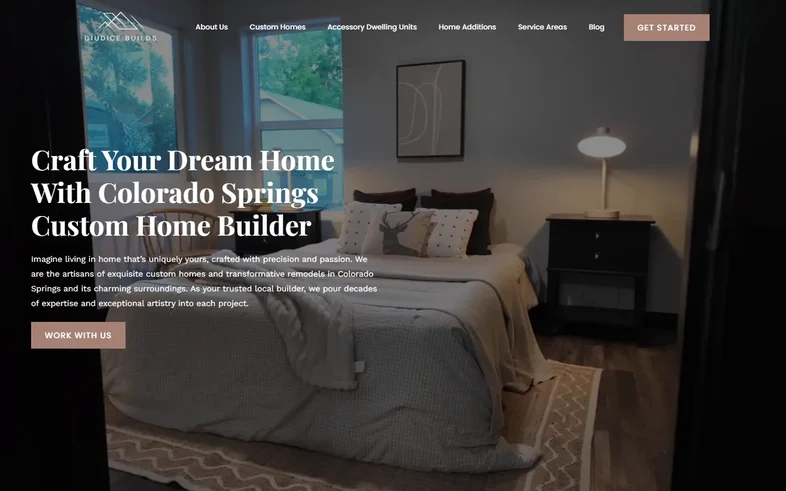 Giudice Builds homepage showing a finished bedroom under the headline Craft Your Dream Home