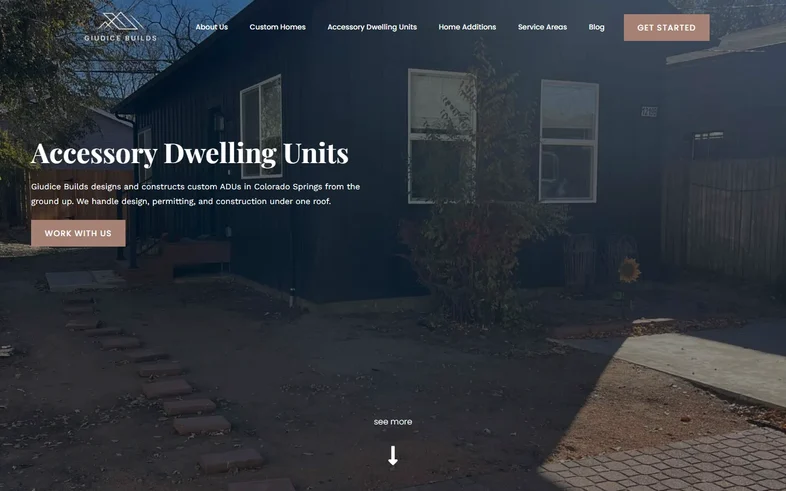 Giudice Builds accessory dwelling units page with a modern ADU at dusk