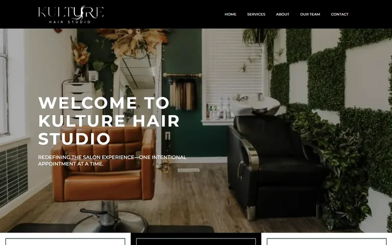 KULTURE Hair Studio homepage with the salon interior behind the welcome headline