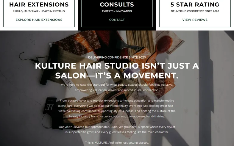 KULTURE Hair Studio homepage section introducing the salon