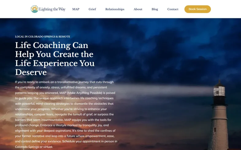 Lighting the Way homepage with a lighthouse at dusk behind the life coaching headline