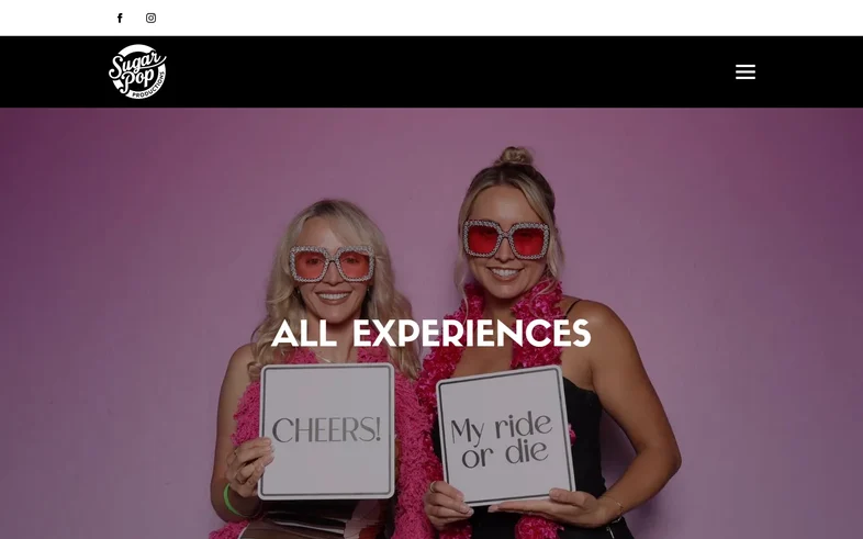 SugarPop Productions all experiences page with two guests holding photo booth props