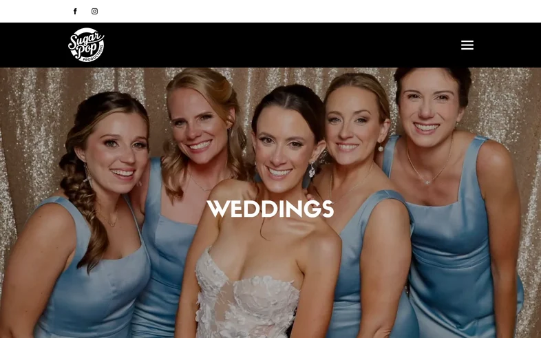 SugarPop Productions weddings page with a bridal party posing in a photo booth