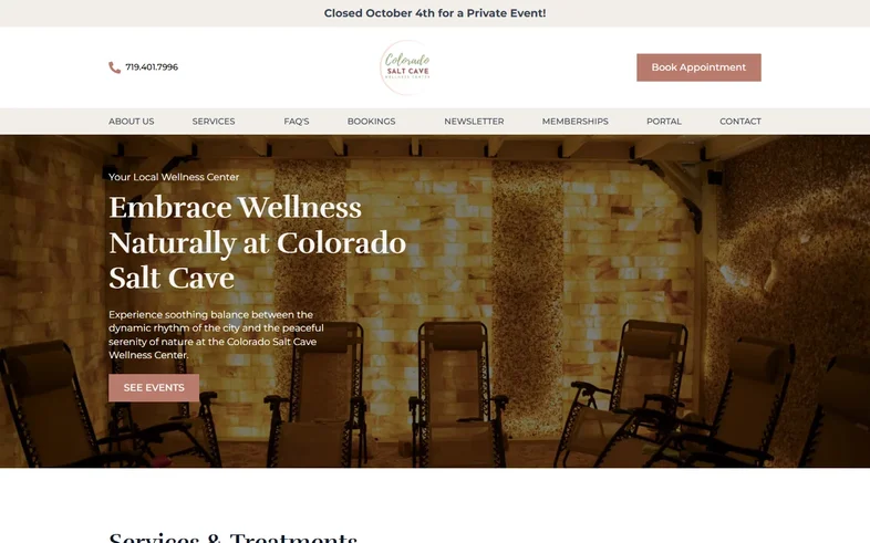 Colorado Salt Cave homepage with the glowing salt cave behind the headline