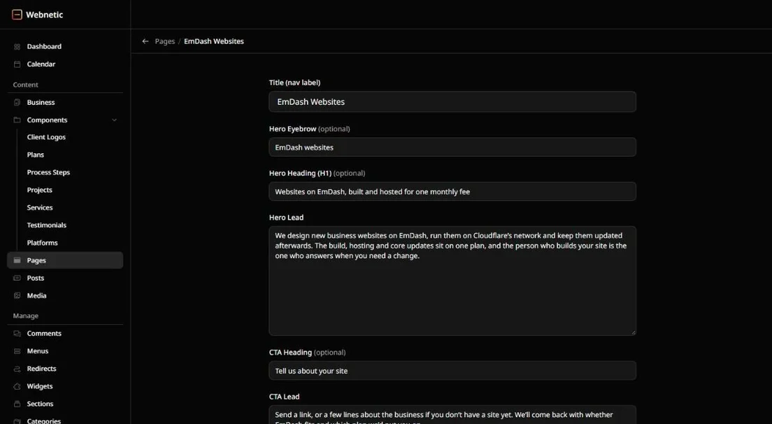 The EmDash admin open on this page, with the title, hero heading and lead fields being edited.