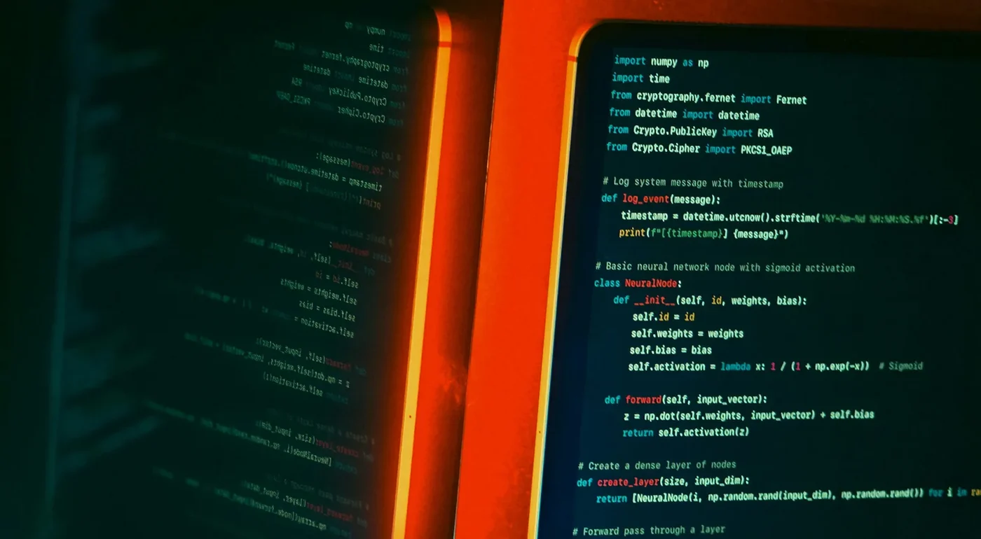 Two monitors in a dim room showing lines of code against an orange-lit wall