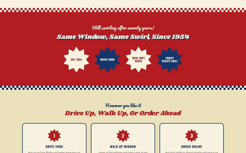 BJ's Velvet Freez homepage band in red with checkerboard trim, above the drive-thru, walk-up and order online options