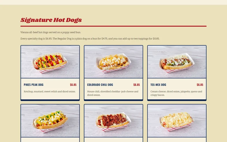 BJ's Velvet Freez menu page with the signature hot dogs and their prices