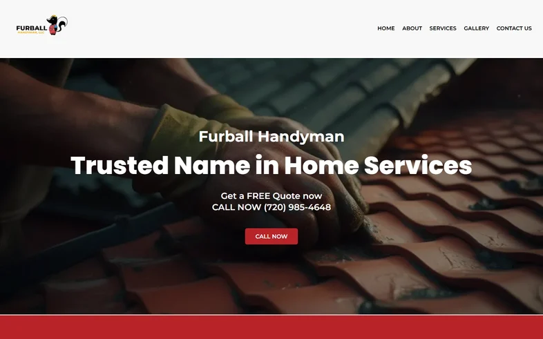 Furball Handyman homepage with gloved hands working on clay roof tiles under the headline Trusted Name in Home Services