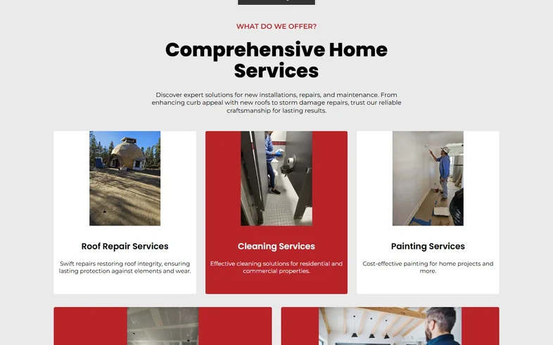 Furball Handyman services page with roof repair, cleaning and painting cards