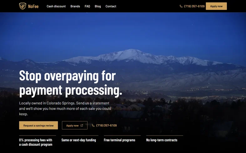 NoFee homepage with Pikes Peak at dusk under the headline Stop overpaying for payment processing
