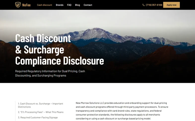 NoFee cash discount and surcharge compliance disclosure page with Pikes Peak behind the title