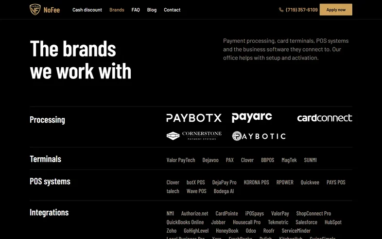 NoFee brands page listing the processors, terminals, POS systems and integrations it works with